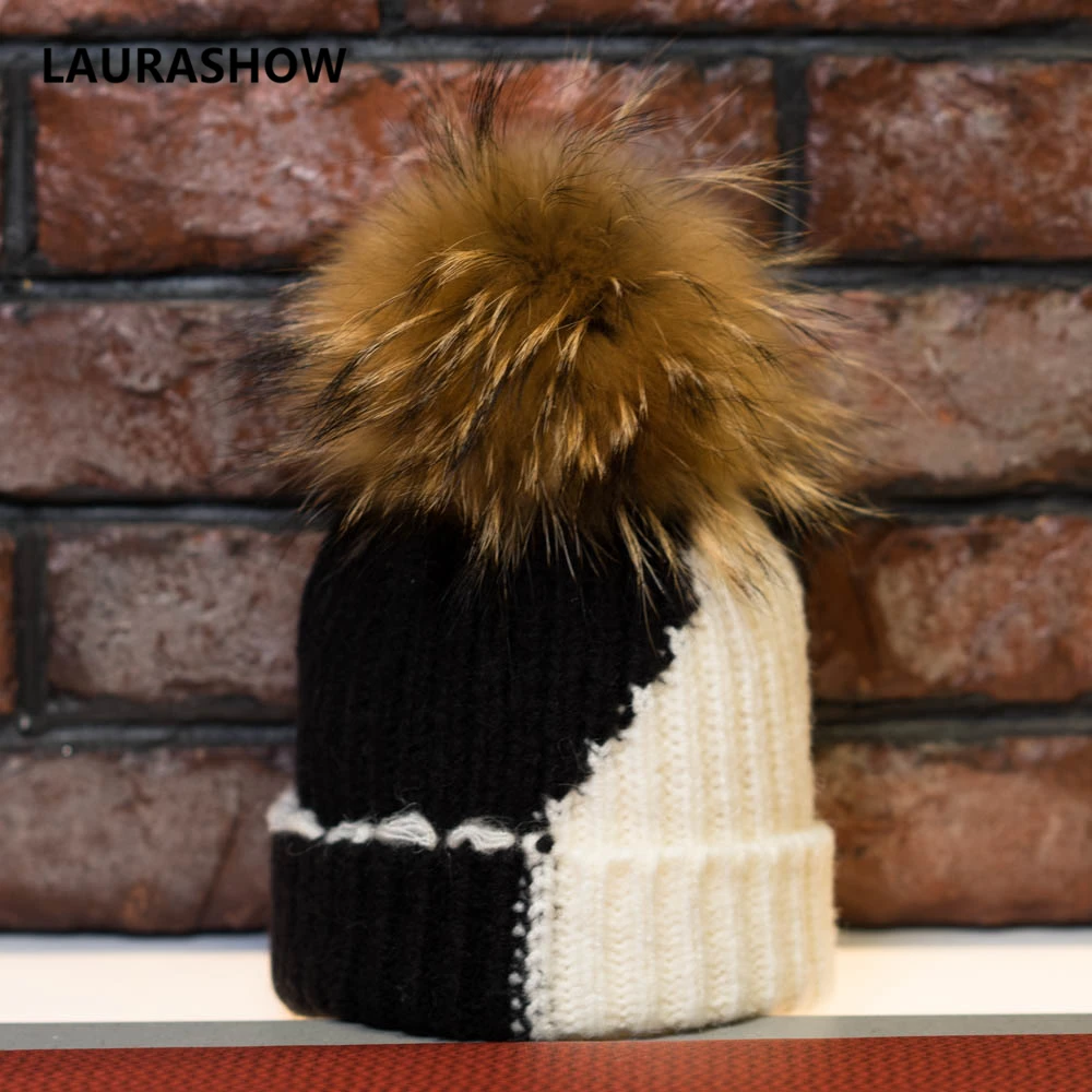 

LAURASHOW Mum Child Fur Ball Cap Mink Raccoon Pom Poms Winter Warm Hat Women Girl Hat Knitted Beanies Cap Crochet Hat