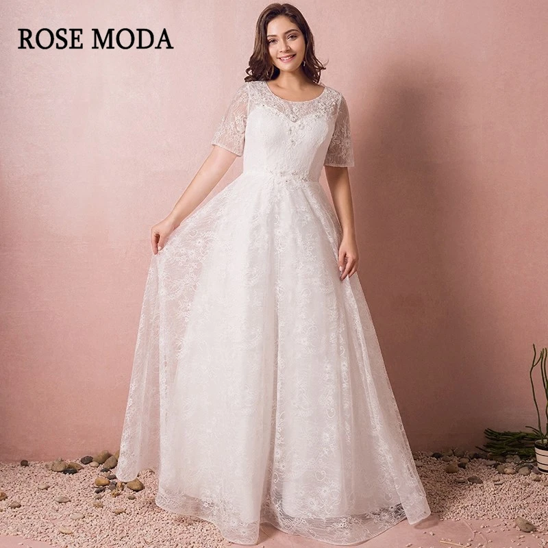 

Rose Moda Lace Plus Size Wedding Dress Long Sleeves Plus Size Wedding Gowns Lace Up Back Real Photos