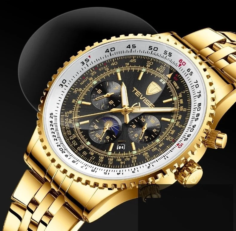 Tevise роскошный Moon phase автоматические часы мужские золотые стальные механические
