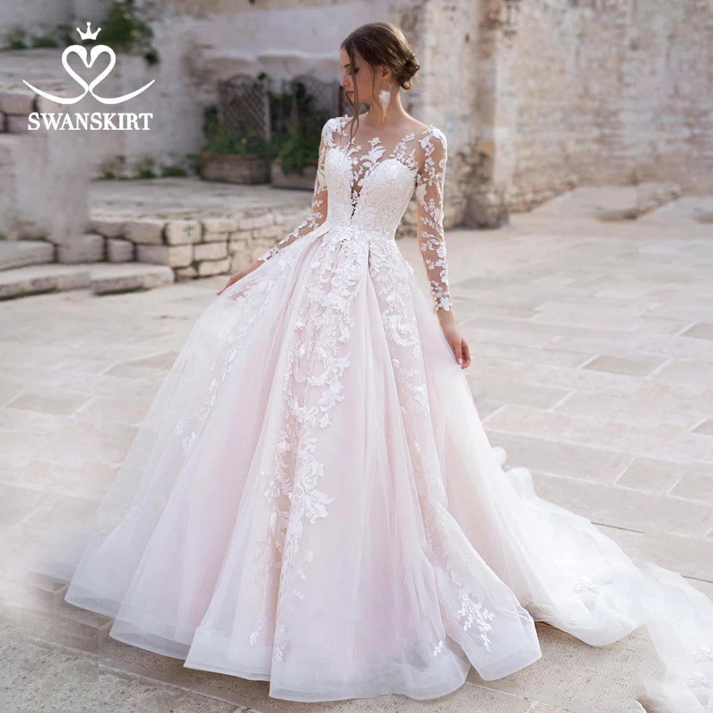 Swanskirt модное свадебное платье с аппликацией 2020 круглым вырезом длинным рукавом а
