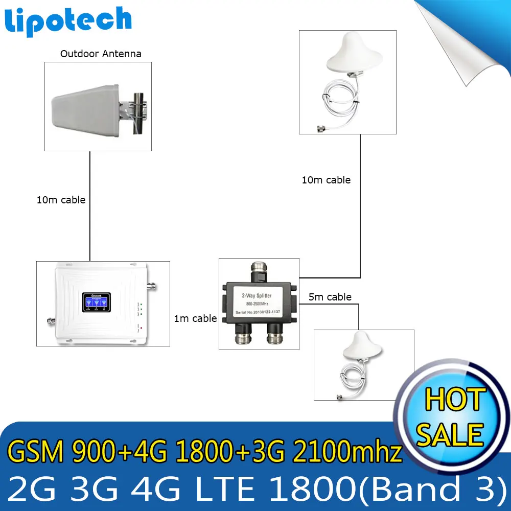 Два антенны Набор трехдиапазонный усилитель сигнала GSM 900 3G WCDMA 2100 4G LTE 1800 сотовый