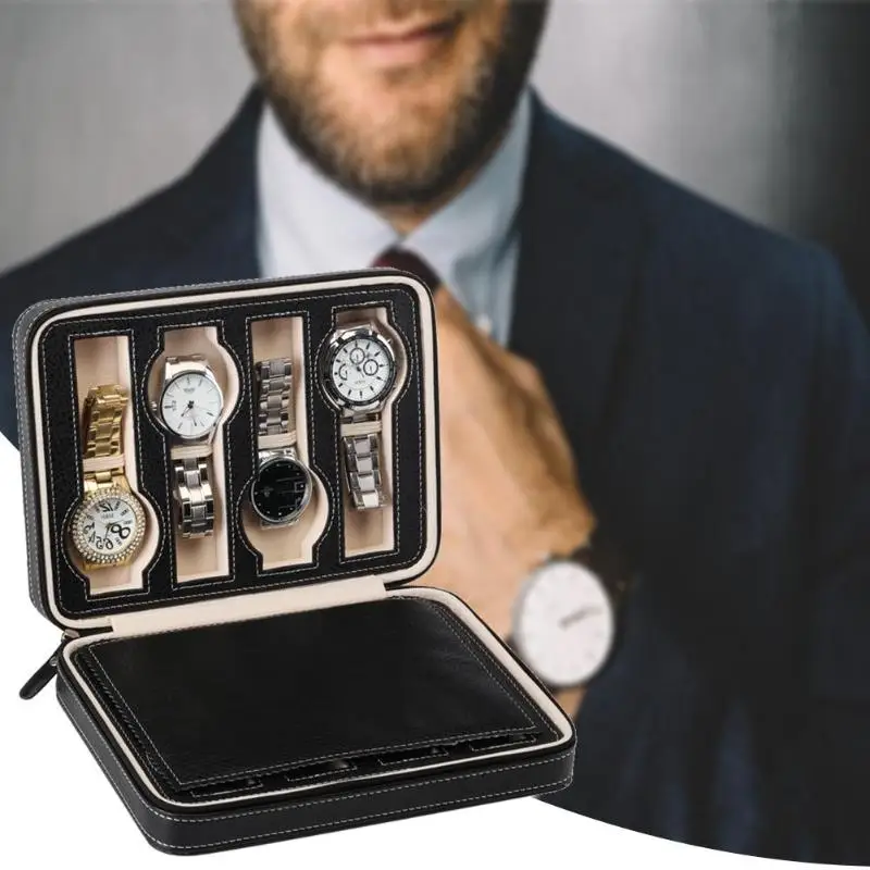 2/4/8 Grids PU Leather Watch Box Watch Organizer Storage Watches Display Case Tray Zippere Travel Jewelry Watch Collector Case