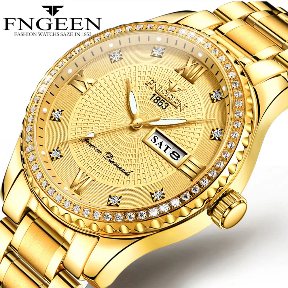 

FNGEEN Uxury High-end Gold Men's Watch Luminous Pointer Anti-vibration Watch Non-mechanical Stainless Steel Waterproof Watch Men