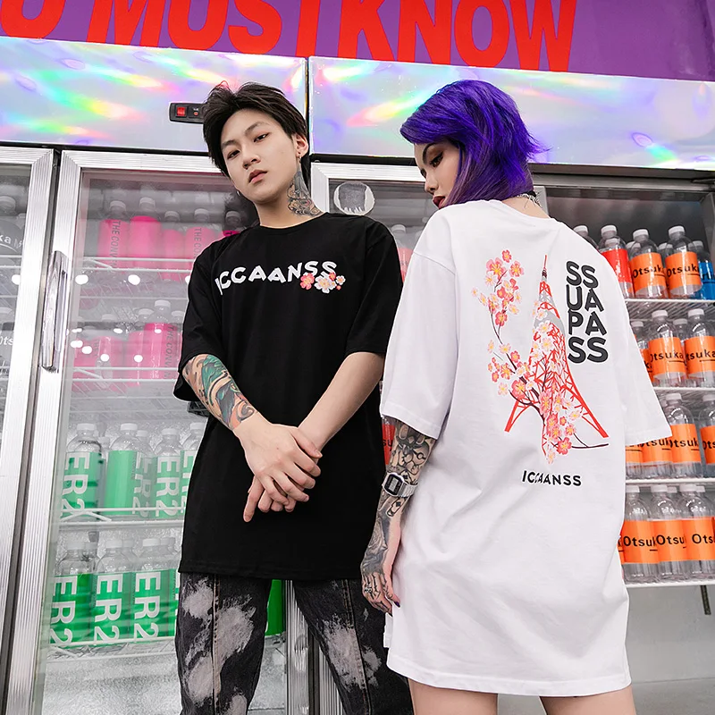 Женская футболка с коротким рукавом Harajuku цветочным принтом 2019 летняя