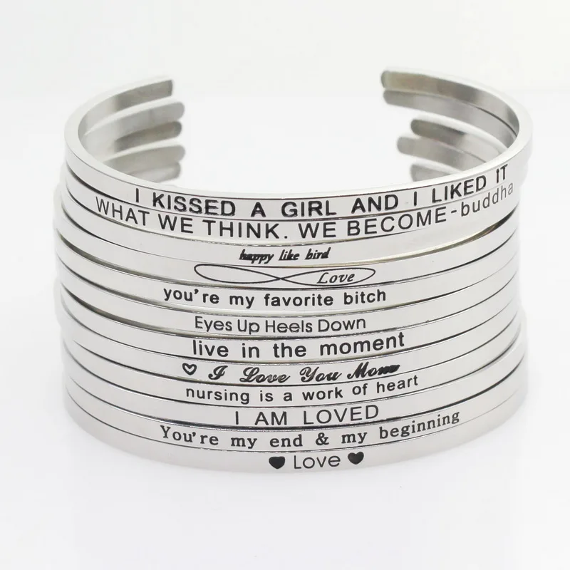 

Stainless Steel 10pcs Mix Random Bangle Engraved Positive Inspirational Quote Hand Stamped Cuff Mantra Bracelet For Men Women
