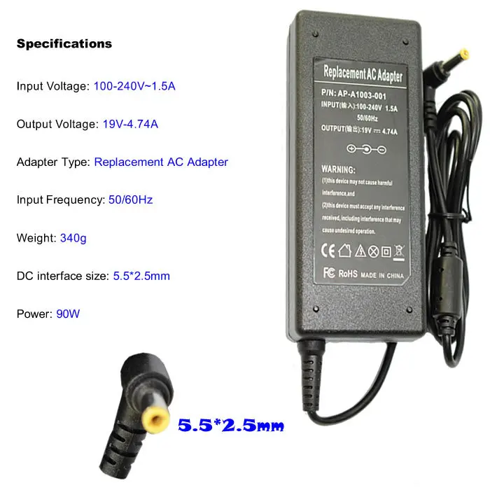 19V 4.74A 90W 5 5*2 MM Замена для Toshiba/Lenovo/Asus/Benq N52J k70a N60D P300 L755 P305D ноутбука AC зарядное