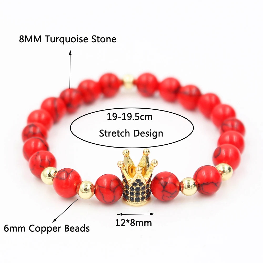 Новая мода Красный Howlite камень бусы проложить CZ императорская корона браслет для
