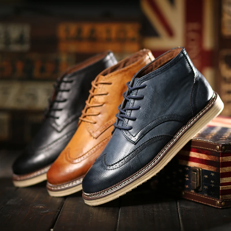 Autumn New Fashion High Top Men Oxfords British Vintage Carve Lace Up Mens Flats Thick Heel Comfortable Male Bullock Shoes | Обувь