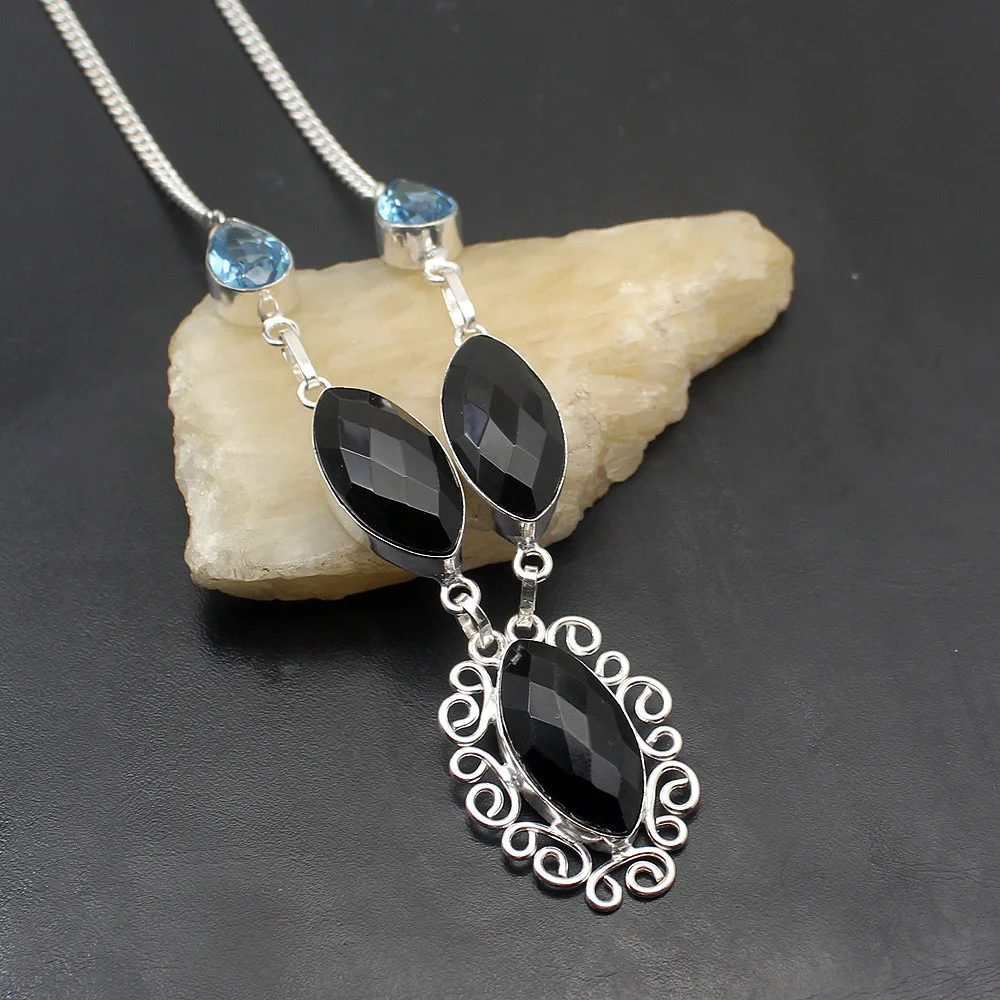 Fantasy Unique Black Onyx BlueTopaz 925 Sterling Silver Color Chain Pendant Necklace 19 Inch TF806 | Украшения и аксессуары