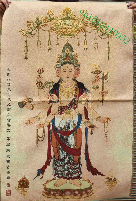 

36 inch Chinese Silk embroidery 3 Head 10 Arms Kwan-yin Guan Yin Thangka Paintings Mural