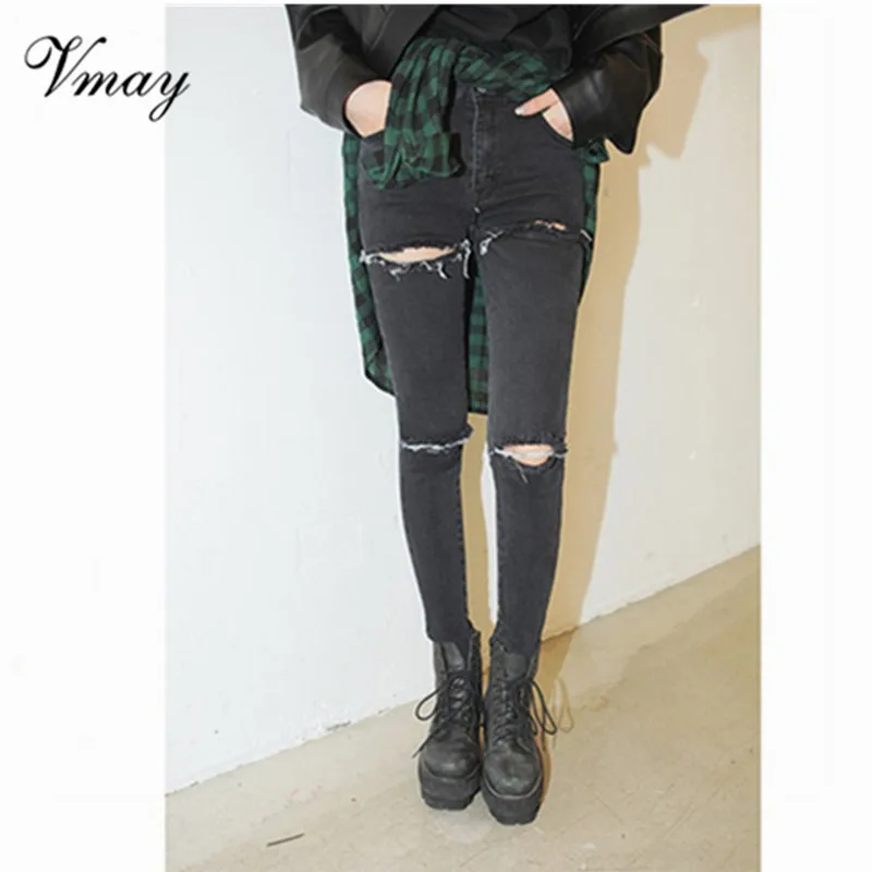 Vmay 2019 New Arrival Women Fashion Spring Summer Denim Pants Destroyed Knee Pencil |