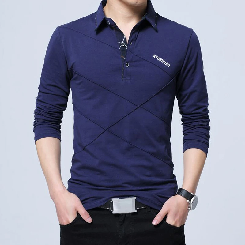 Футболка мужская с отложным воротником хлопок длинный рукав Повседневная модная