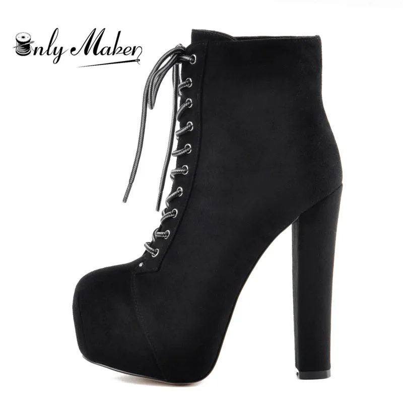 Onlymaker Women's Platform Round Toe Short Booties Block Chunky High Heel Lace Up Black Thick Plus Size Party Dress Ankle Boots