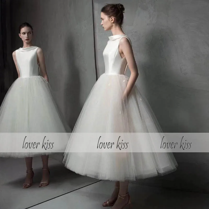 Lover Kiss Vestido De Noiva изящное бальное миди Свадебное Платье Иллюзия Тюль сзади с бисером чай Длина Свадебные платья для лета
