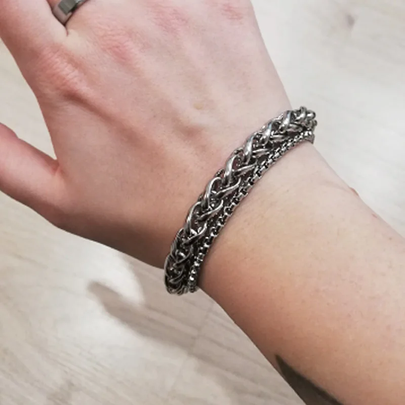 Unique Men's Bracelet Double Chain Bracelet Silver Stainless Steel Wheat Box Chain Link Bracelets Male Jewelry Dropshipping