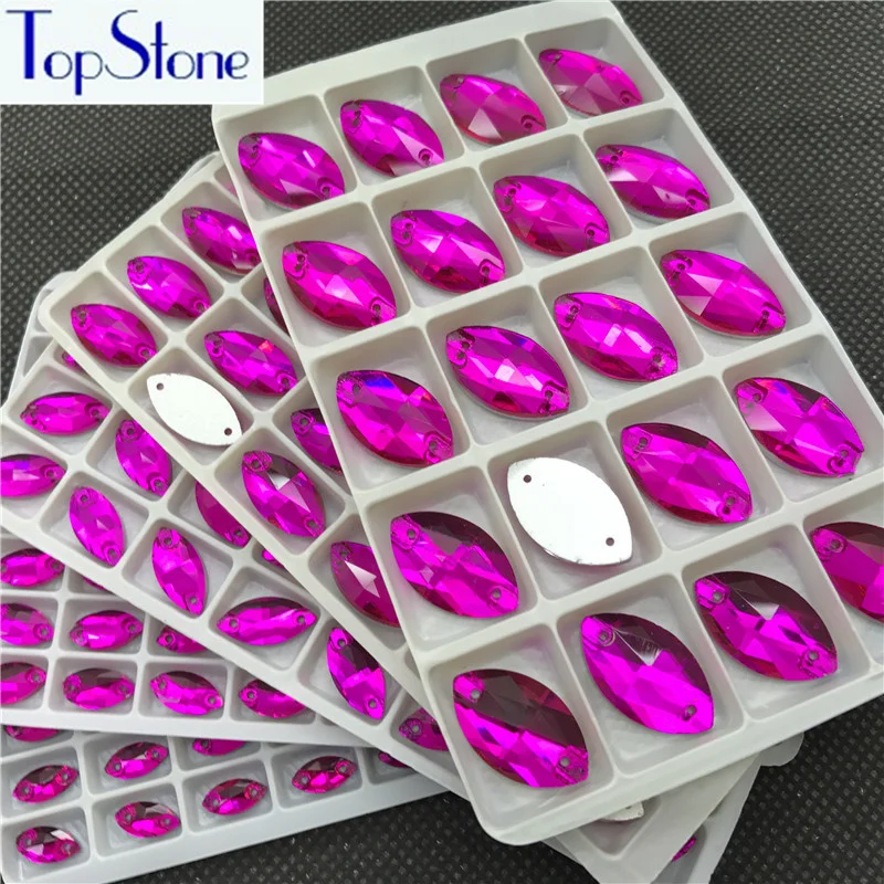 TopStone Fuchsia Navette Sew On Glass Crystal Stone Flatback Marquise sew on Rhinestone For Dress clothing | Дом и сад