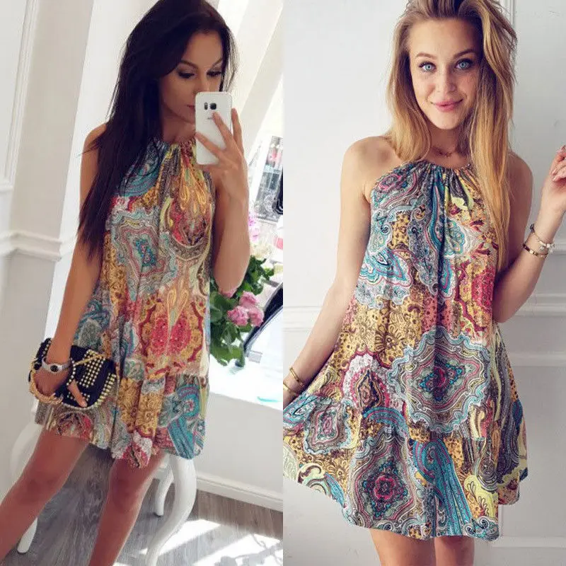 Женское летнее платье без рукавов Boho повседневное пляжное мини в богемном