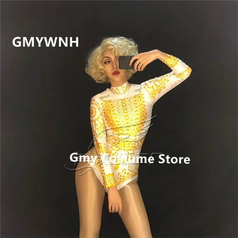 

R81 Women Golden printed rhinestone stage high fork one-piece performance bodysuit dj dance stage costumes party wears jumpsuit