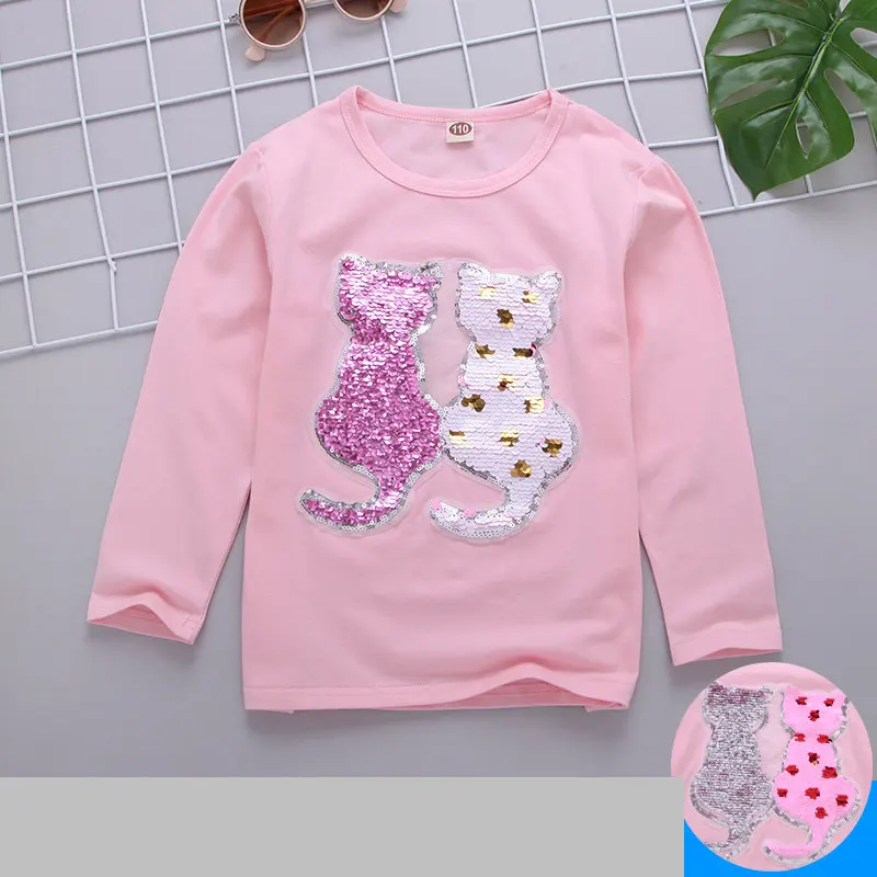 Twin Cat C Pink Футболка для девочек; Детские футболки с пайетками и рисунком кота; сезон весна-осень; рубашки для смены цветов; футболка; Enfant Garcon; детская одежда - Цвет: Twin Cat C Pink