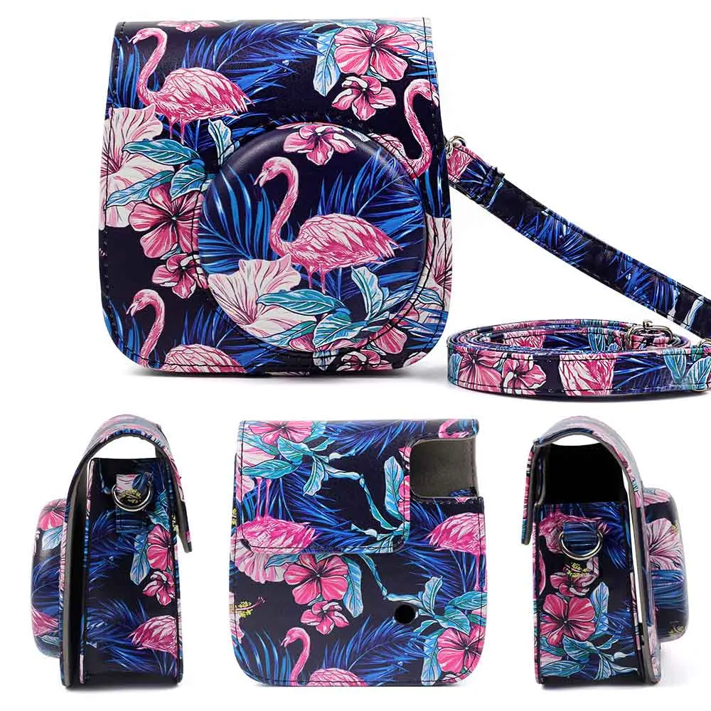 Flamingos Black Цветочный узор из искусственной кожи камера защитная сумка на плечо чехол Чехол для Fujifilm Instax Mini 8 8+ 9 корпус камеры с ремешком - Цвет: Flamingos Black