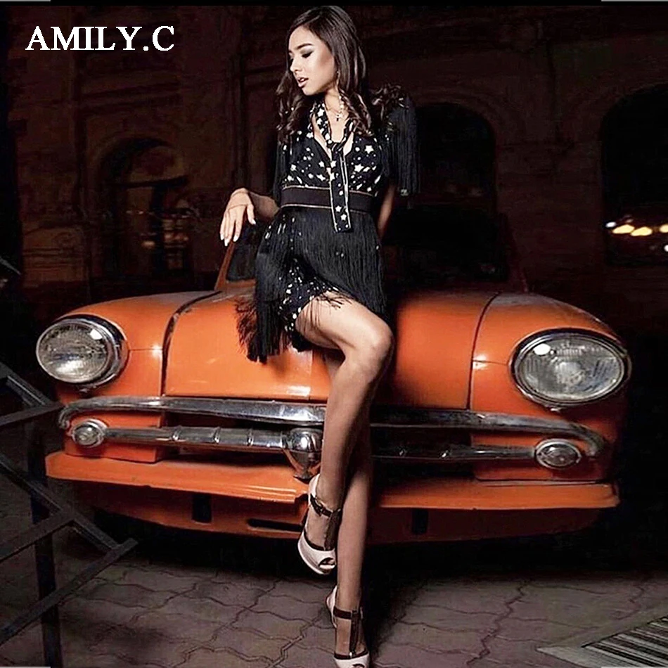 Amily.c 2018 New Spring Women Dress Turtleneck Sexy Bodycon Tassel Chic Celebrity Party Black Dresses Wholesale Vestidos | Женская