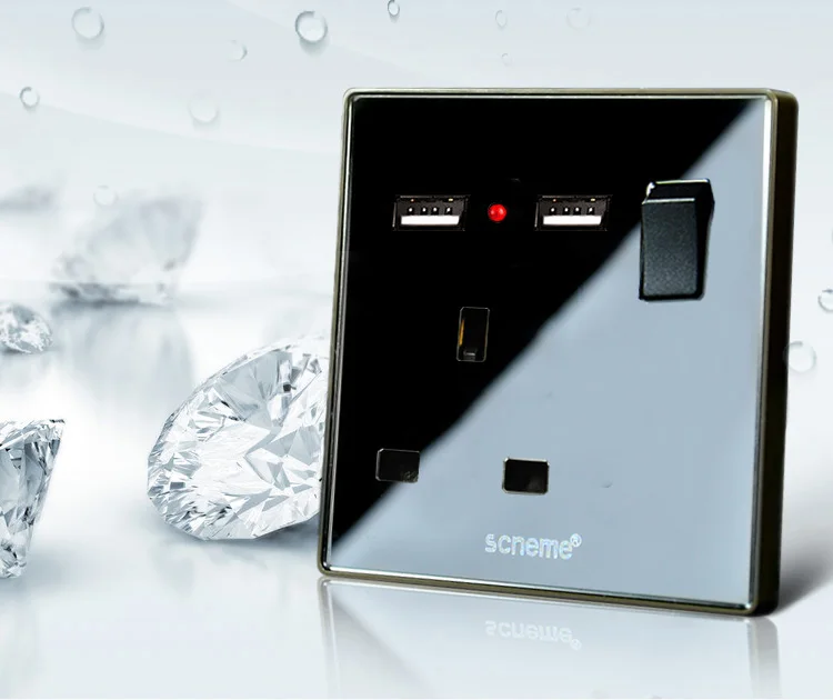 Двойная настенная розетка 2.1A USB с квадратным отверстием и 3 контактами с 1 переключателем вкл/выкл, черная акриловая настенная розетка, 13А 250 В