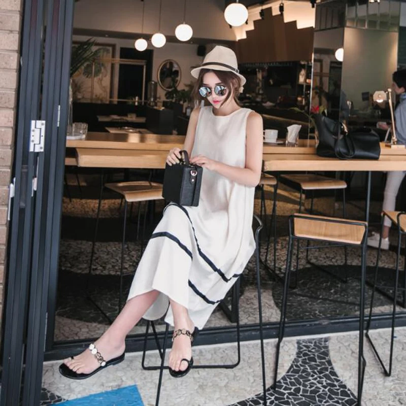 

Fashion Sexy Striped Casual Dress Robe Femme Women Dress Straight Sleeveless Summer Long Dress Plus Size M-3XL