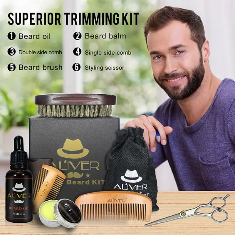 New Beard Comb 6-Piece Men's Beard Style Care Set Beard Grease Comb Pig Bristle Brush Complete Mustache Grooming Trimming Set
