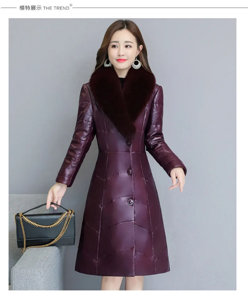 New Fashion Autumn Winter Women Leather Jacket Slim Parka Overcoat Female Faux Fur Collar Plus Size Long Fur Coats A1362