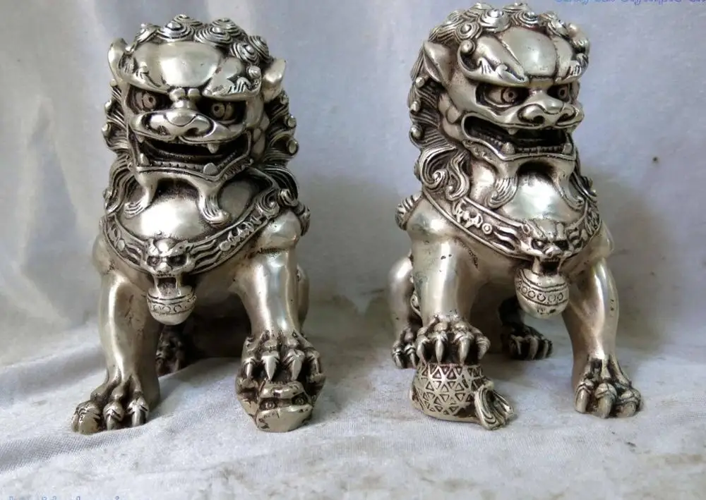 

6" China Silver fine workmanship carved lucky Foo Dogs lions pair Statues