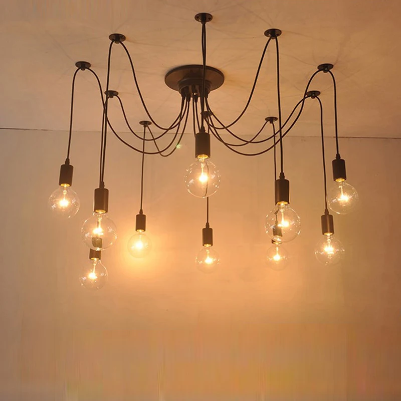 Retro Hanging Lamps Edison Bulb Spider Ceiling Lamp Fixture for Living Room Pendant Lights Modern Chandelier Black Linear