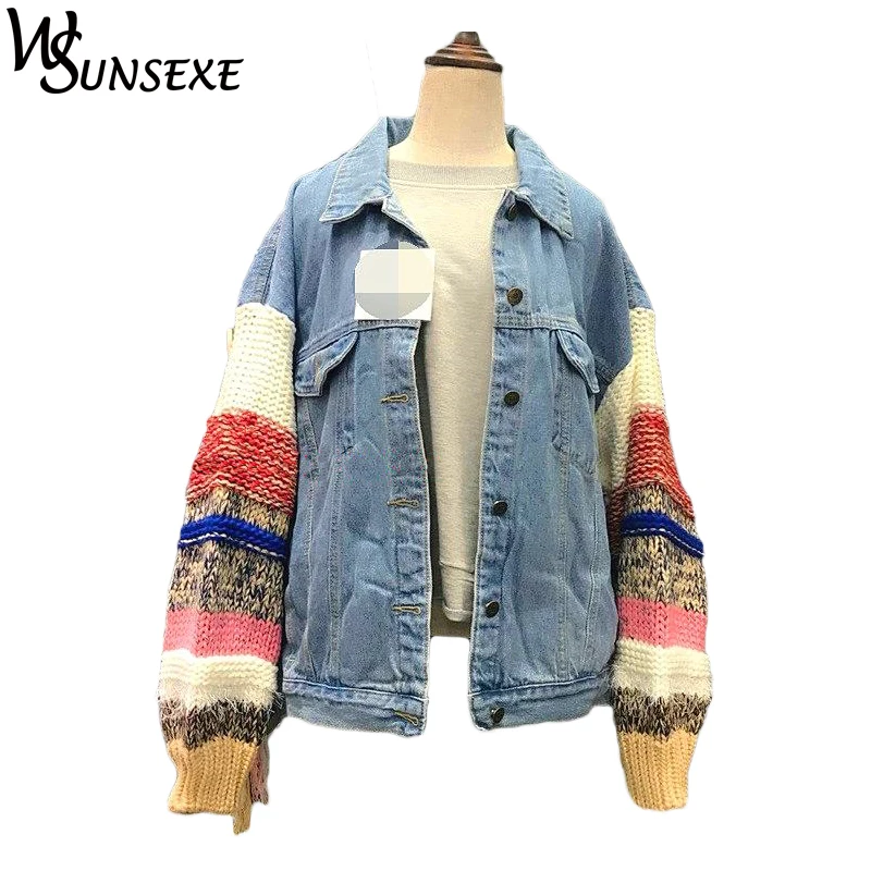 

Knitted Bat Sleeves Patchwork Denim Jacket Coat Women Casual Streetwear Tassel Jackets 2018 Autumn Winter Outerwear Jean Jackets