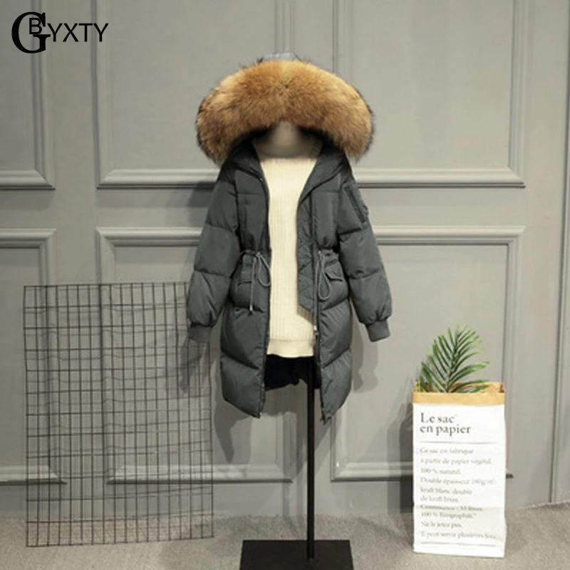 GBYXTY, длинный пуховик,, зимний, женский, толстый, енот, меховой воротник, утиный пух, куртка и пальто, пуховое пальто, пуховик, ZA980