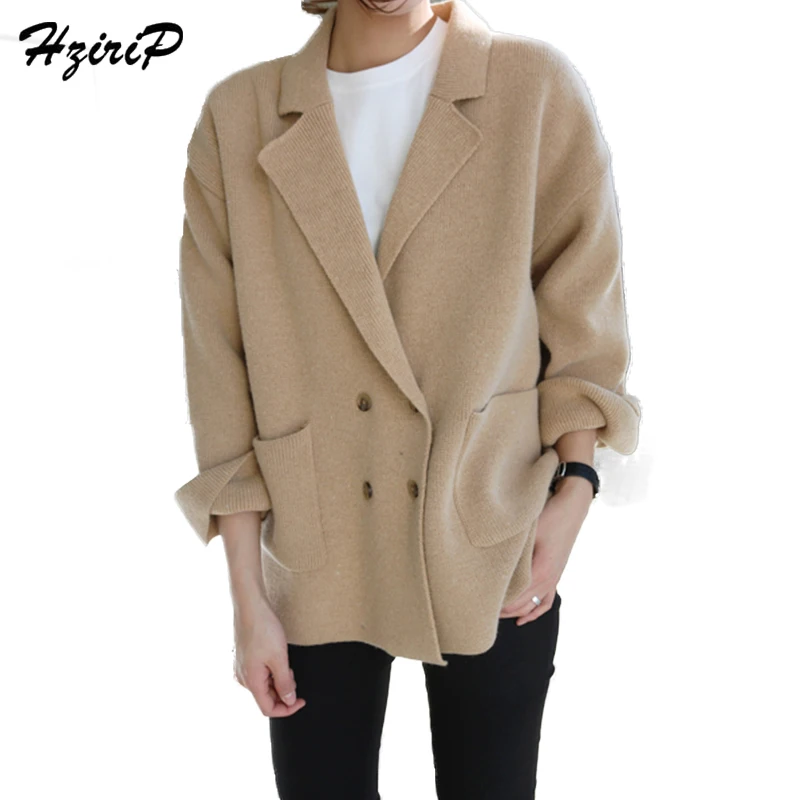 HziriP Casual Fashion Double Breasted Flat Knitted Cardigan Women Regular Solid Color Full Sleeves Button Female Sweaters Coat |