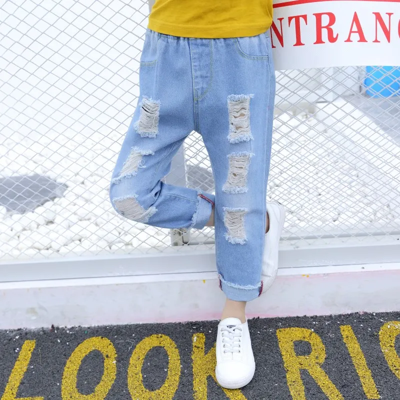 Джинсы с дырками для девочек летние светло-голубые модные детские брюки повседневные свободные джинсы для девочек Vestidos для детей 6, 8, 10, 12 лет