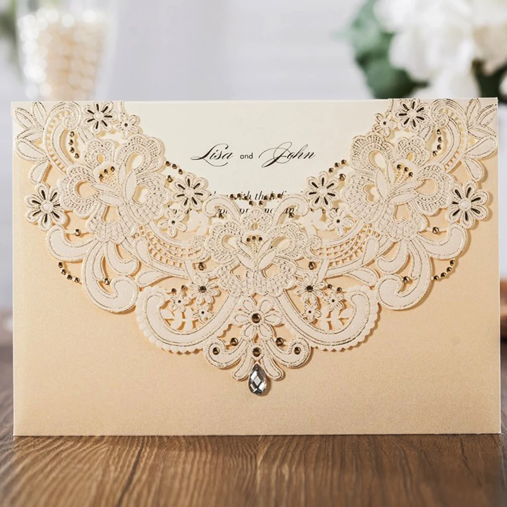 

Wishmade Champagne and Blue Laser Cut Wedding Invitation Cards With RSVP Card & Thank You Card for Party Supplies, Customizable