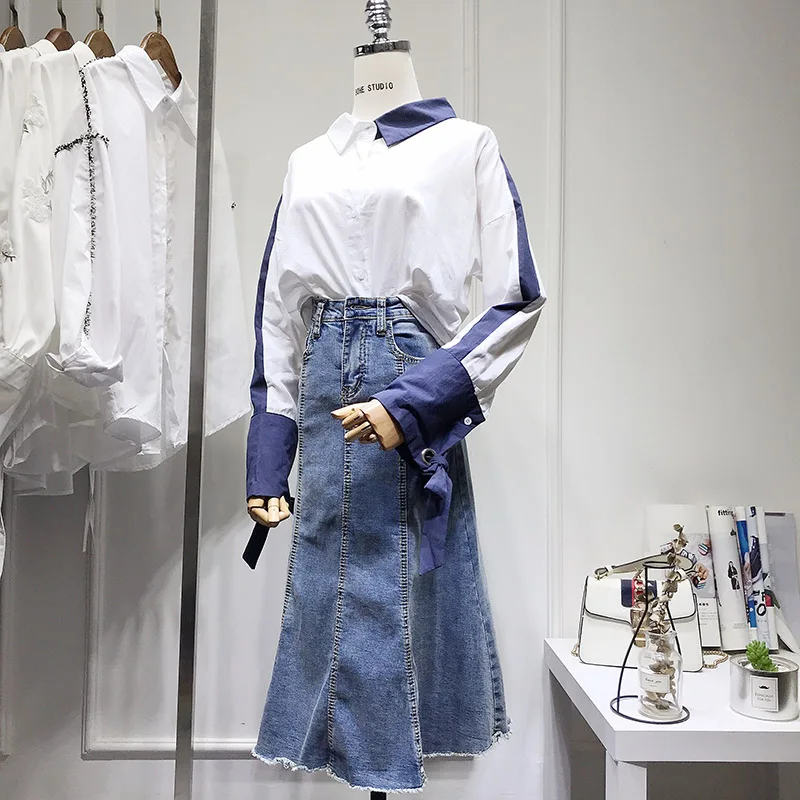 2019 New Women's High Waist Slim Long Jean Fishtail Skirt Spring and Summer Students Simple Blue Denim Skirts | Женская одежда