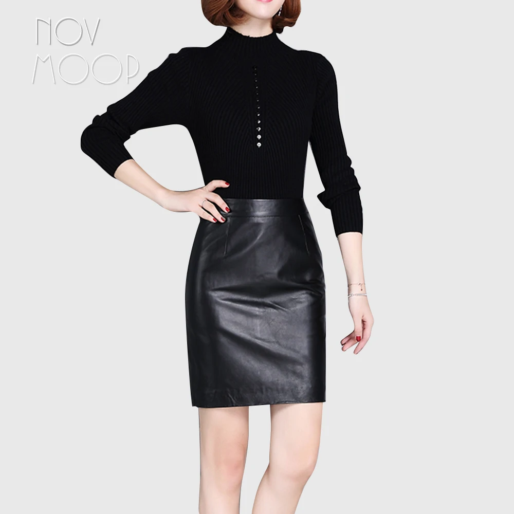 Office style ladies basic black genuine leather real lambskin slim pencil skirt faldas mujer etek jupe plus size LT2360 | Женская одежда