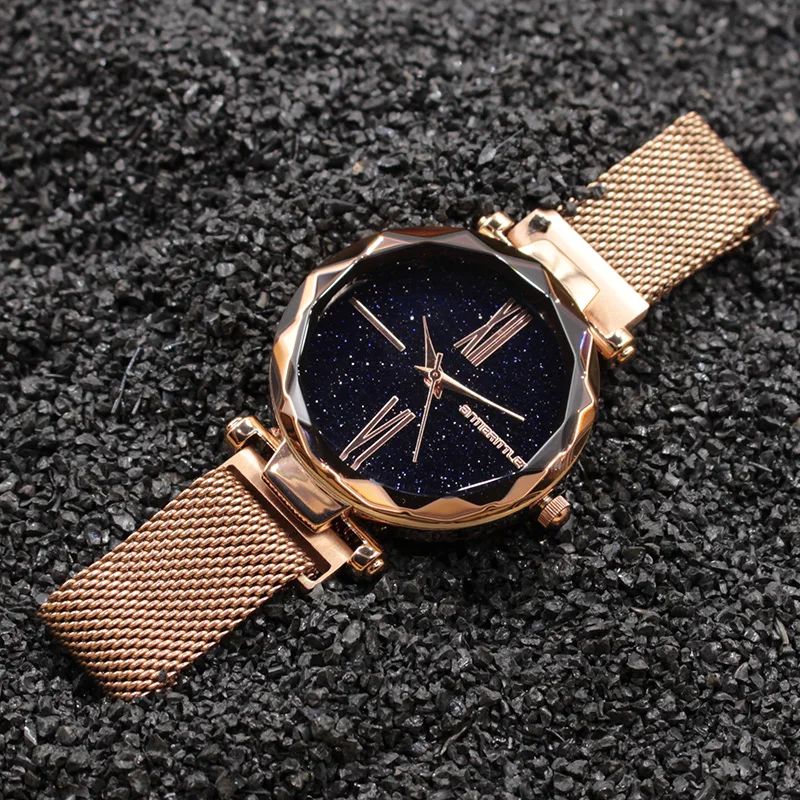 

Luxury Star Sky Dial Women Watch Black Purple Rose Gold Blue Sand Stone Japan Quartz Cutting Glass Mesh Stainless Steel Magnet