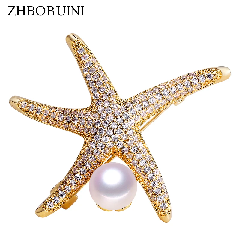 ZHBORUINI High Quality Natural Freshwater Pearl Brooch Fine Zircon Micro Insert Starfish Jewelry For Women Not Fade | Украшения и