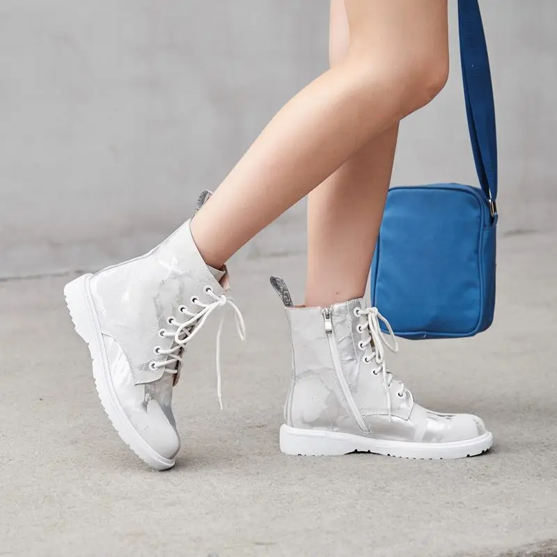 white ZVQ cow leather ankle boots winter autumn plush silver red white Punk camouflage pattern cool girl women's flats shoes - Цвет: white