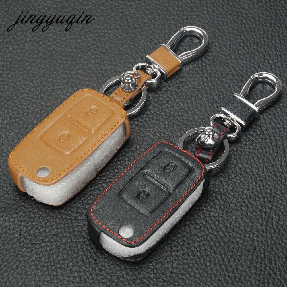 Кожаный чехол jingyuqin с 2 кнопками для автомобильного флип ключа VW Passat Polo Golf Seat Touran