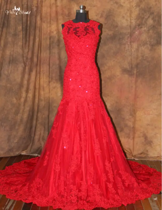 RSW231 свадебное платье русалки с открытыми плечами и красным иллюзионным вырезом