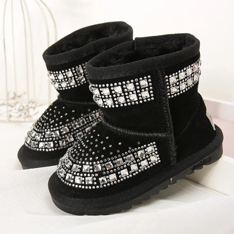 Детские кожаные блестящие туфли Reihnstone обувь для принцессы черные розовые