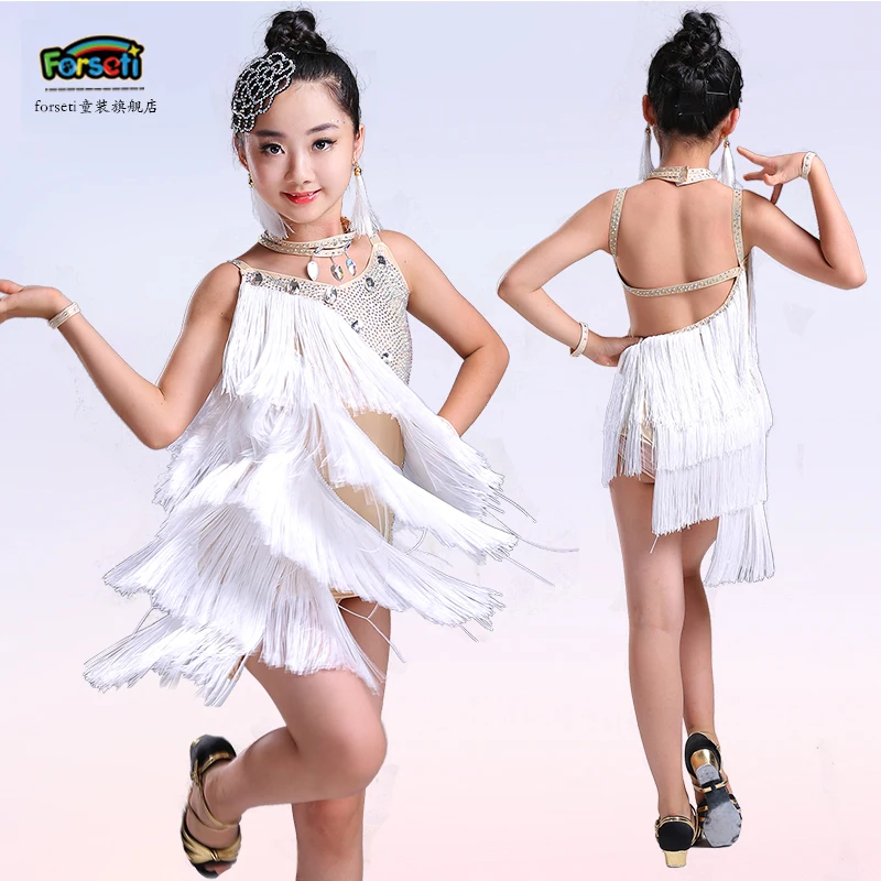 Summer new Latin dance skirt children's female grading costumes bright diamonds tassel clothing | Тематическая одежда и