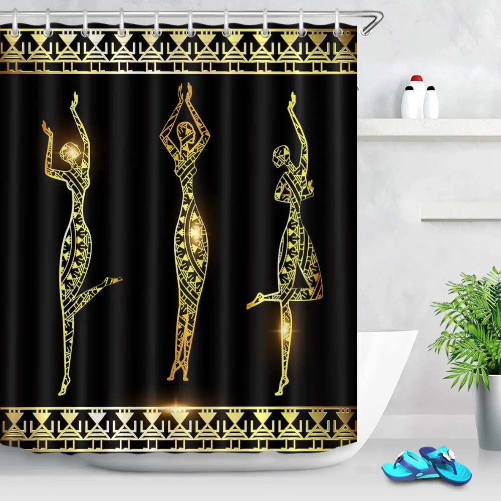 

LB Abstract Dancing Gold Girl And Frame Black Shower Curtain with Hooks Waterproof Polyester Bathroom Fabric For Bathtub Decor
