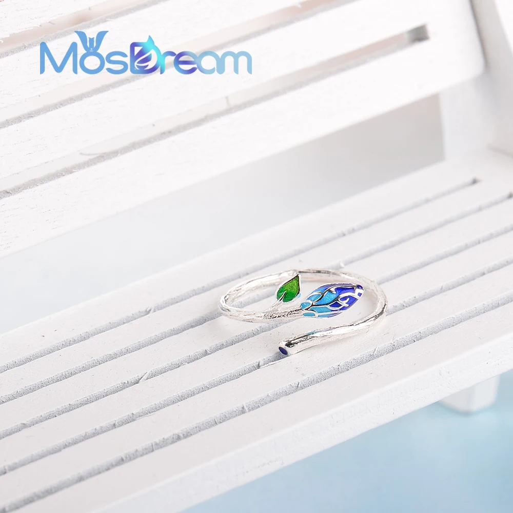 MosDream Винтаж Свежий лист s925 Серебряное кольцо Эмаль Искусство этнические элегантные ювелирные изделия для женщин растение энергии кольцо подарок