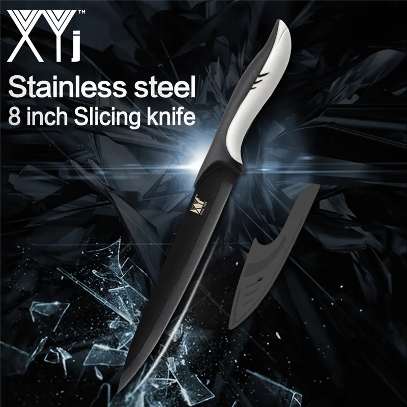 C.8 slicing knife XYj кухонный нож из нержавеющей стали черный острый нож черный нескользящий нож с ручкой шеф-повара для нарезки хлеба сантоку ножи для чистки овощей и фруктов - Цвет: C.8 slicing knife