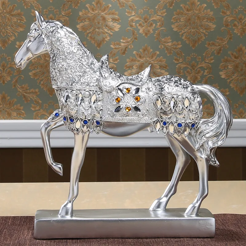 

Height Silver Trotting Horse Figurine Art Sculpture Animals War Horse Statue Resin Art&Craft Living Room Decor L3279
