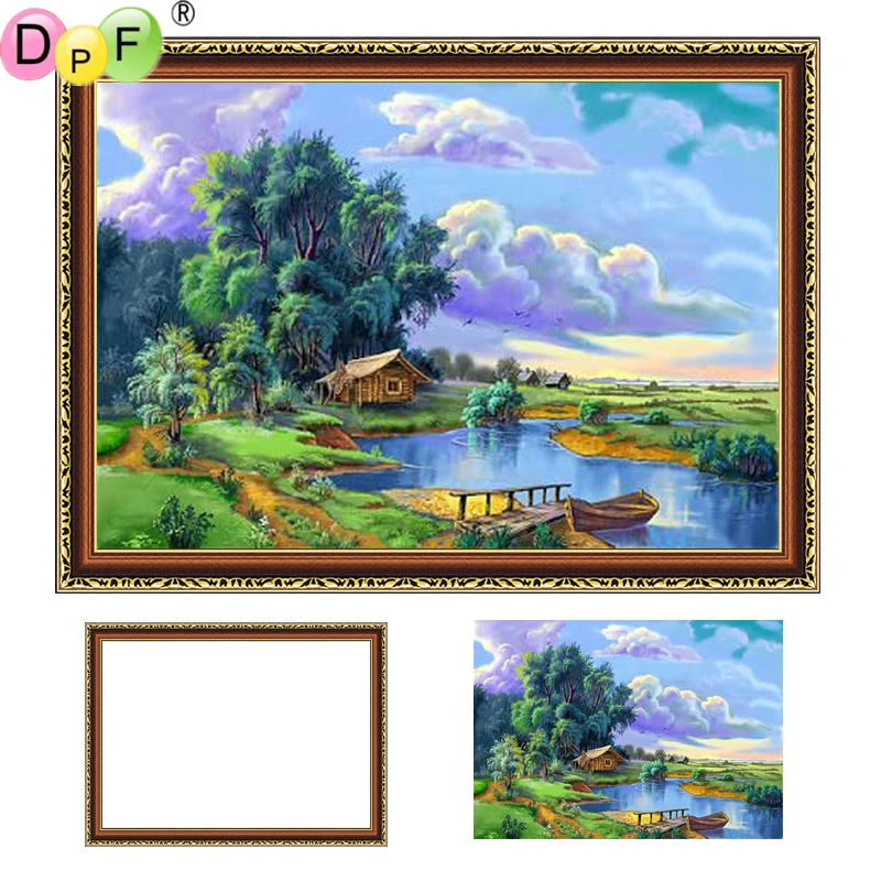 DPF новая Алмазная вышивка в рамке Риверсайд домик 5D круглая алмазная живопись